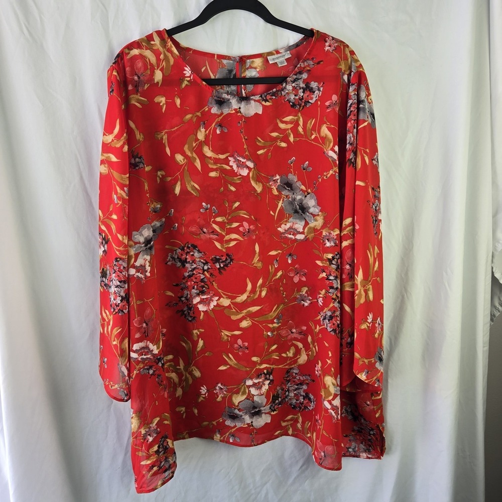 Avenue Cherry Red Floral Womens 30/32 Tunic Top Semi Sheer Keyhole Bell‎ Sleeve